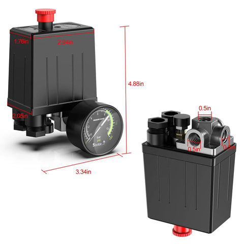 Air Compressor Pressure Switch With Four Way Valve Regulator, 0-180 PSI Adjustable, Safety Relief Valve, On Off Red Switch, Threads Pipe And Plug, Easy Install And Durable, dimensions shown