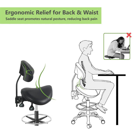 Ergonomic Adjustable Drafting Chair With Oversized Saddle Seat For Salon And Workshop, Heavy Duty Esthetician Stool diagram