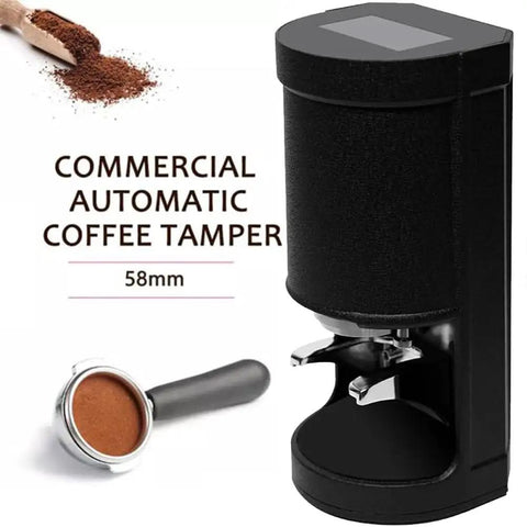Automatic Electric Coffee Tamper 58mm with durable metal frame and black design, next to a portafilter and ground coffee.
