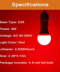 Red LED Light Bulbs 9W 60W Equivalent E26 A19 120V Four Pack For Bedroom Porch Holidays Parties Valentines Day Halloween Christmas Home Decor Cozy Red Mood Lighting specifications with red bulb glowing.