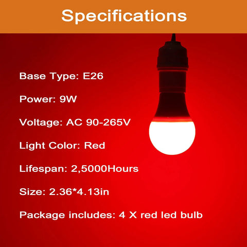 Red LED Light Bulbs 9W 60W Equivalent E26 A19 120V Four Pack For Bedroom Porch Holidays Parties Valentines Day Halloween Christmas Home Decor Cozy Red Mood Lighting specifications with red bulb glowing.