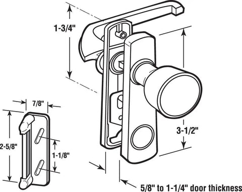Diagram of Tulip Knob Latch with Night Lock and Keeper, shows measurements for aluminum construction, fits 5/8 to 1-1/4 inch doors.