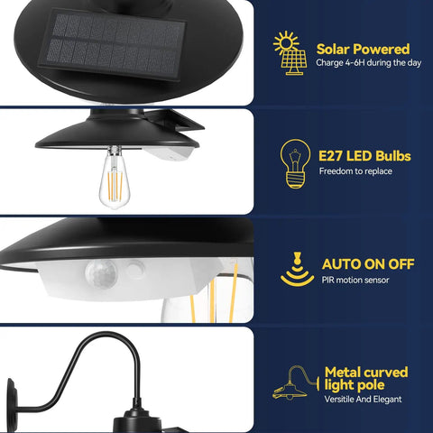 Gooseneck Solar Wall Light With Motion Sensor And 3 Lighting Modes, IP65 Waterproof Outdoor Barn Porch Farmhouse Decor, Rustic Vintage Outdoor Lighting, 2000mAh Battery, Easy One Button Control showing solar panel, E27 LED bulb, PIR sensor, and curved metal pole.