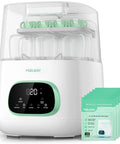 MOLWAY Upgraded Bottle Washer Pro all-in-one bottle washer/sterilizer with clear lid; mint-green accents; four bottles.