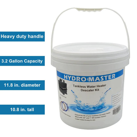 Tankless Water Heater Flush Kit With Submersible Pump, 3.2 Gallon Pail With Screw Top Lid, shown with handle and labels