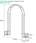 Diagram of Heavy Duty Eight Point Two Foot Metal Garden Arch Trellis With Planter Boxes including dimensions and adjustable width