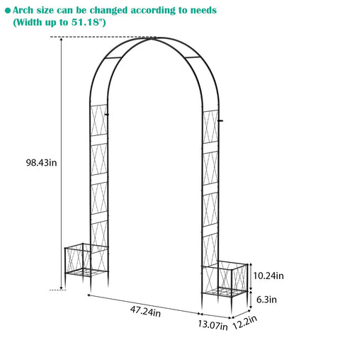Diagram of Heavy Duty Eight Point Two Foot Metal Garden Arch Trellis With Planter Boxes including dimensions and adjustable width
