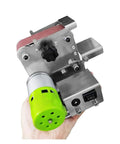 Ultra Compact Mini Electric Belt Sander With 4 Axis Variable Speed, compact metal body, held in hand for precision sanding.