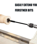 Heavy Duty 10 Inch Forstner Bit Extension With 3/8 Hex Shank attached to a lathe, extending reach for deep hardwood boring.