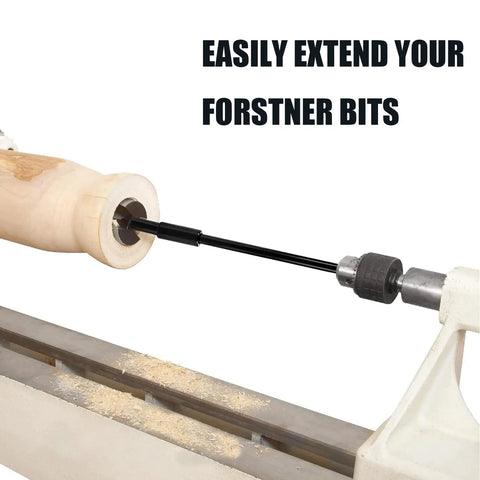 Heavy Duty 10 Inch Forstner Bit Extension With 3/8 Hex Shank attached to a lathe, extending reach for deep hardwood boring.