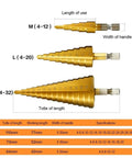 Heavy Duty Titanium Coated Step Drill Bit With A 1/4 Inch Hex Shank Kicks Through Dense Metal Thin Wood And Tough Plastic Slickly Built Like A Mean Machine To Handle Daily Shop Abuse Without Breaking A Sweat. Multiple sizes shown.