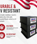 Stacked heavy duty trailer jack blocks for RVs up to 18,000 lbs, UV resistant, made of recycled plastic, with USA flag background.