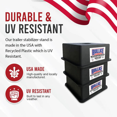 Stacked heavy duty trailer jack blocks for RVs up to 18,000 lbs, UV resistant, made of recycled plastic, with USA flag background.