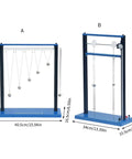 Metal Ball Physics Pendulum Resonance Demonstrator for classroom experiments, two views, dimensions labeled, blue and silver construction