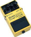 ODB-3 Bass Overdrive Pedal With Two-Band EQ Dry Overdrive Balance And Gain Control, yellow pedal with black knobs.