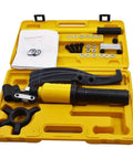 Heavy Duty Five Ton Hydraulic Gear Puller With Tough Swappable Two And Three Jaw Bars For No Bull Wheel Bearing Extraction and Reliable Shaft Separation in a yellow carrying case.