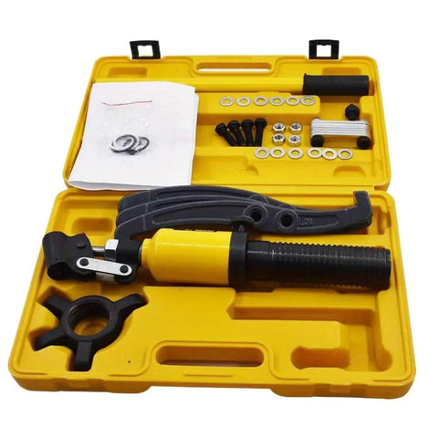 Heavy Duty Five Ton Hydraulic Gear Puller With Tough Swappable Two And Three Jaw Bars For No Bull Wheel Bearing Extraction and Reliable Shaft Separation in a yellow carrying case.