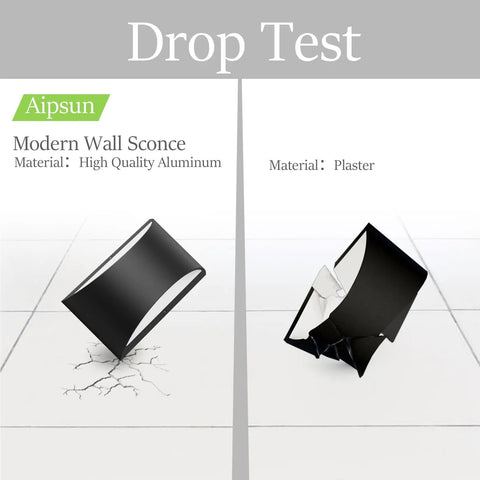 Drop test comparison of Dope Black Modern LED Wall Sconce material: aluminum vs. plaster showing durability.