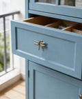 Dragonfly Drawer Knobs Set 6 Pieces in Ancient Gold on blue dresser, zinc alloy hardware with realistic wing detail, installed view.