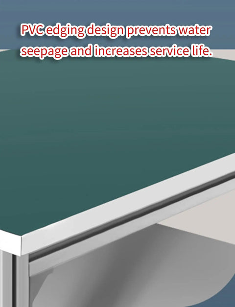 Workhorse Aluminum Anti Static Workbench With Smooth Rolling Locking Casters And Heavy Duty Swivel Brake Wheels For Precision Electronics Repair Lab Applications, showing PVC edging design for water prevention.