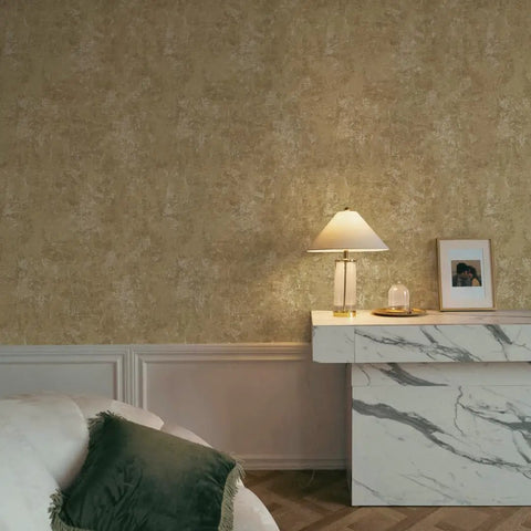 Living room with Gold Leaf Distressed Metallic Peel And Stick Wallpaper For A Lit Luxe Glow, Removable Self Adhesive, 20.5x16.5ft, on wall.