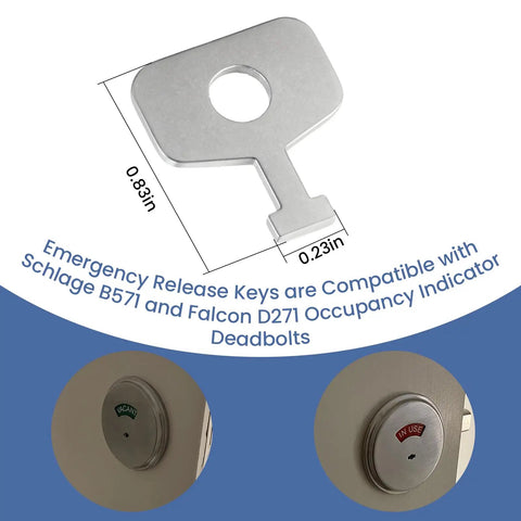 Five Pack Emergency Release Keys For Occupancy Indicator Deadbolts B571 And D271 Stainless Steel Portable Unlock Tool For In Use And Vacant States Grab And Go Door Release Kit showing size and compatibility with locks.