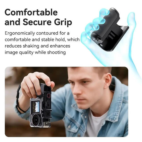 Man using Xplorer Magnetic Quick Release Camera Grip Kit For Insta360 DJI Action And Hero Series with ergonomic handle