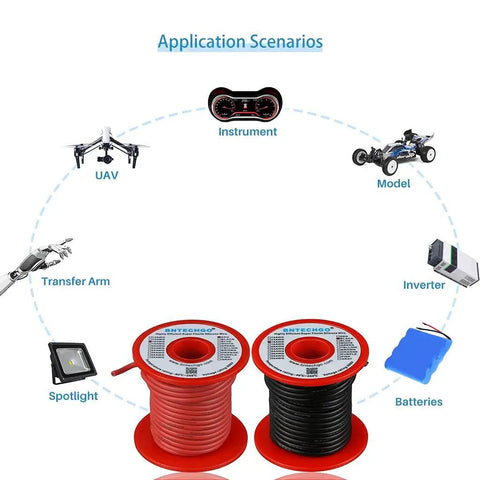 Red And Black 16 AWG Silicone Wire Spool 50 Ft Flexible Tinned Copper Stranded Cable For Car DIY, Audio, RC Projects, Pro Grade High Strand Count Soft Silicone Insulation with application scenarios like UAV and RC model cars.