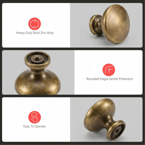 Antique Brass Cabinet Knobs Set of 25 Solid Zinc Alloy Hardware for Kitchen with rounded edges and easy operation