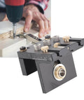 Three In One Woodworking Drilling Guide Kit With Scale Positioning Jig And Anodized Metal For Pro Grade in use on wood project
