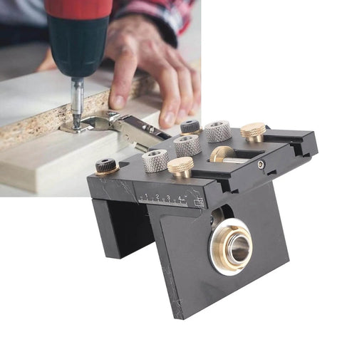 Three In One Woodworking Drilling Guide Kit With Scale Positioning Jig And Anodized Metal For Pro Grade in use on wood project