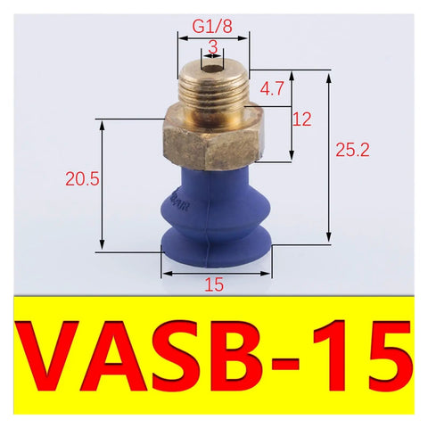 Industrial Vacuum Suction Cup Set With Durable Silicone And Nitrile Rubber Handles Heavy Loads Smoothly Available In Seven Sizes From 15mm To 125mm For Reliable Manipulator Performance In Tough Factory Environments Without Breaking A Sweat, showing a blue rubber suction cup with brass connector dimensions labeled.