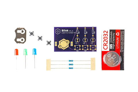 Blink LED Soldering Kit A Hands On Starter Electronics Project Pack For Beginners Perfect For STEM Classes And Events Includes Battery PCB Components And Clear Instructions For Fun Interactive Light Circuit Building. Image of PCB, LEDs, resistors, battery, and electronic components.