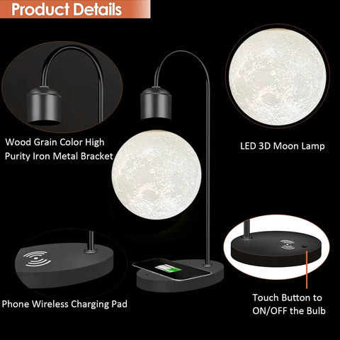 Levitating Lamp With Wireless Phone Charger featuring LED 3D Moon Lamp and wood grain iron bracket, modern bedroom decor