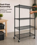Heavy Duty Four Tier Industrial Metal Storage Rack That Rolls Smooth With Lockable Casters And No Tool Quick Assembly in garage.