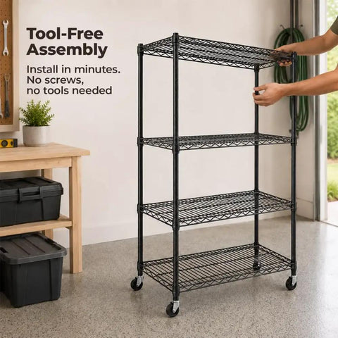 Heavy Duty Four Tier Industrial Metal Storage Rack That Rolls Smooth With Lockable Casters And No Tool Quick Assembly in garage.