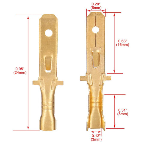 Male Spade Quick Splice Crimp Terminals 4.8mm Non Insulated Brass Connectors for 1mm2 to 1.5mm2 Wire dimensions view