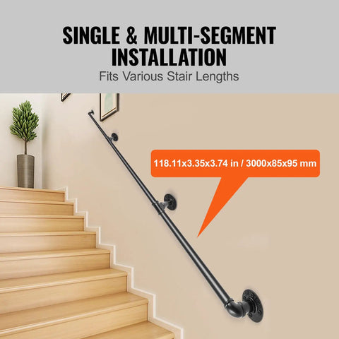Industrial Beefy Pipe Stair Handrail System, 10 Ft Length, 3 Piece Carbon Steel Handrails, Wall Mount Support shown on stairs.