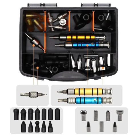 34 Piece Car Dent Repair Tool Kit with Lifter Impact Pen Hammer Set and Unpainted Sheet Metal Tools for Auto Body Dents Built Tough For DIY Gear and Pros Heavy Duty - detail view of components in black case