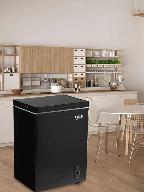 Dead Silent 3.5 Cubic Foot Mini Chest Freezer Compact Top Loading Deep Freeze Storage Black in modern kitchen setting.