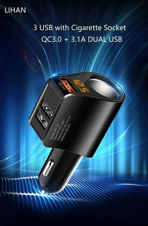 Straight Fire 3 Usb Car Charger Adapter Fast Charging Cigarette Lighter Plug In showing three USB ports and LED display.