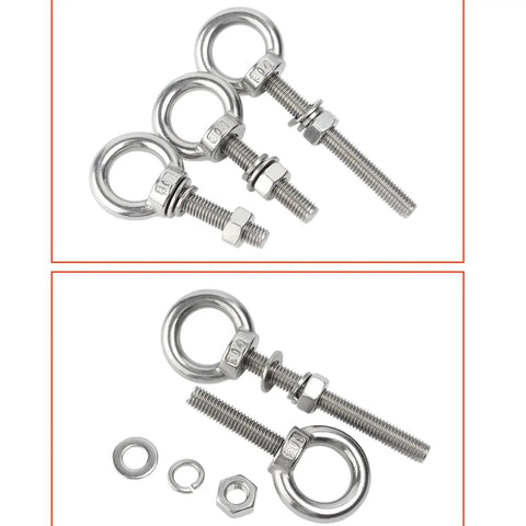 Heavy Duty Eye Bolts Set In 304 Stainless Steel M16 With Male Thread, Lifting Ring Eye Bolts Kit Includes Lock Nuts, Lock Washers And Flat Washers For Indoor Outdoor Use, Built To Last In M16x25mm And M16x50mm Long Shank Options. M16 stainless eye bolts with washers and nuts