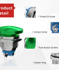 Detailed view of Green 22mm Mushroom Head Push Button Switch Momentary IP65 Waterproof with Screw Terminal 250V 5A SPST 1NO