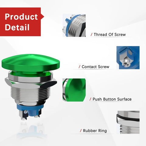 Detailed view of Green 22mm Mushroom Head Push Button Switch Momentary IP65 Waterproof with Screw Terminal 250V 5A SPST 1NO