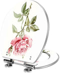 Elongated Toilet Seat White Resin for Bathroom with pink rose design, open view showcasing floral pattern and metal hinges.