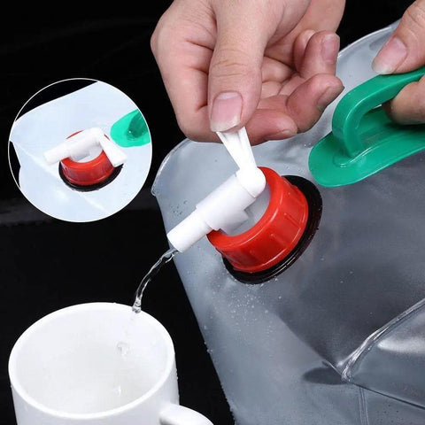 Pouring water from 20L Portable Water Storage Container for Outdoor Activities into a cup, dual handles visible
