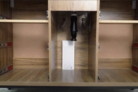 In-Line Dimmable LED Driver 24W In-Line Power Supply With 5% To 100% Dimming Range CL2, UL Class 2 Ready, Flicker-Free, Energy Efficient, No-Brainer Install For Under-Cabinet And Recessed Lighting, 5 Year Warranty Plus installed in wood cabinet