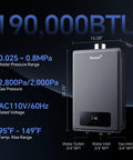 Heavy Duty Natural Gas Tankless Water Heater 8.5 GPM 190000 BTU Indoor Unit dimensions with specifications displayed.