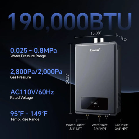 Heavy Duty Natural Gas Tankless Water Heater 8.5 GPM 190000 BTU Indoor Unit dimensions with specifications displayed.
