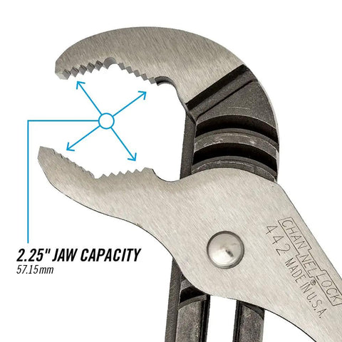 Close-up of 12-inch tongue and groove pliers with V jaw and undercut design, showing 2.25-inch jaw capacity.